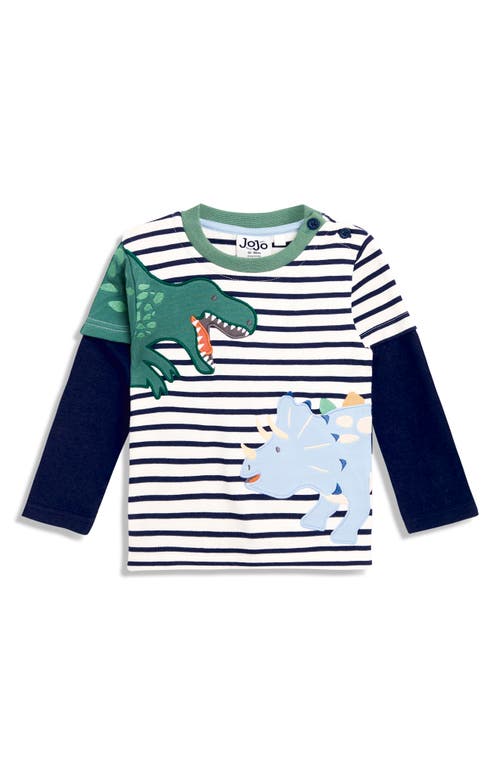 Jojo Maman Bébé Jojo Maman Bebe Kids' Stripe Appliqué Dinosaur Layered Look Long Sleeve Cotton T-shirt In Multi