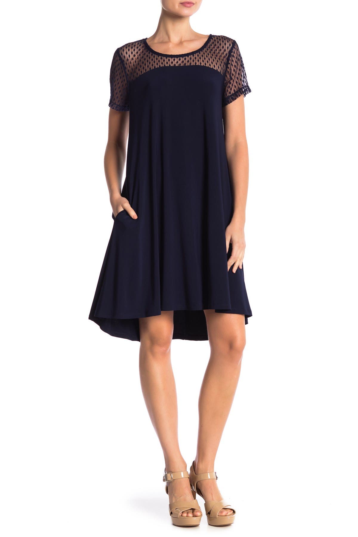 Nina Leonard Illusion Neck High-Low Shift Dress