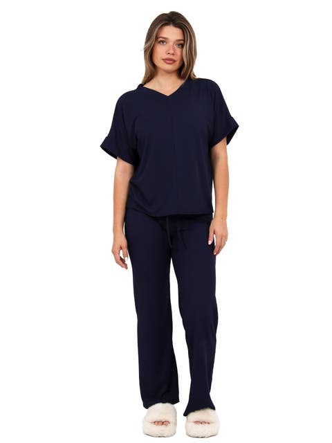 Womens Basic Ribbed Knit Dolman Sleeve V-Neck Top and Drawstring Wide Leg Pant Set