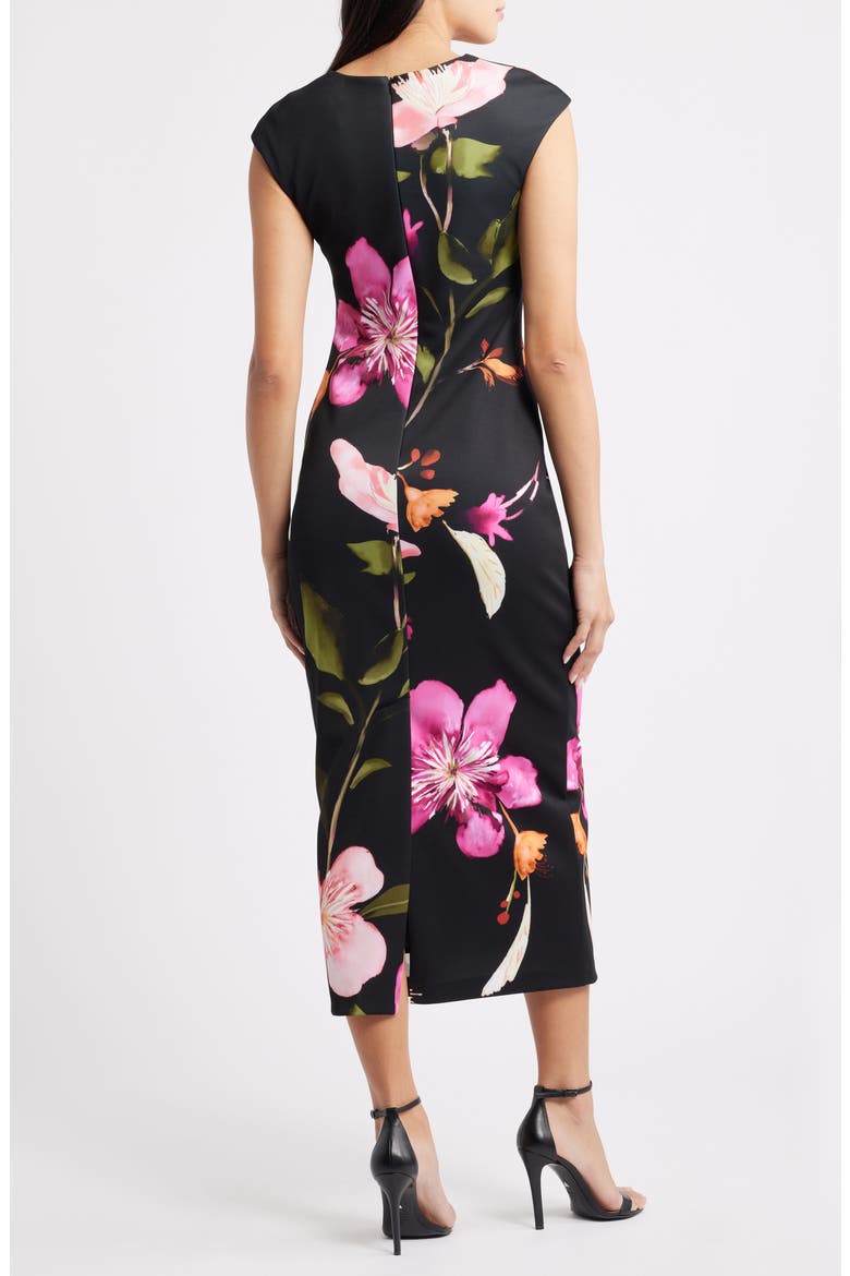 Floral Cap Sleeve Sheath Midi Dress, Alternate, color, BLACK