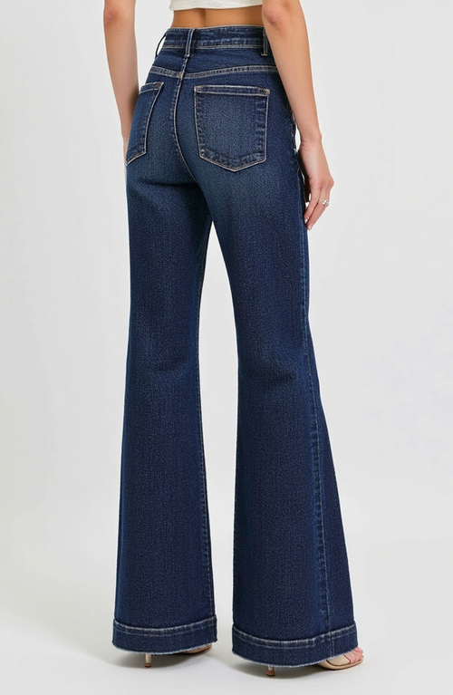 Modenaire High Waist Flare Jeans With Cuffed Hem And Front Patch Pockets In Dark Indigo