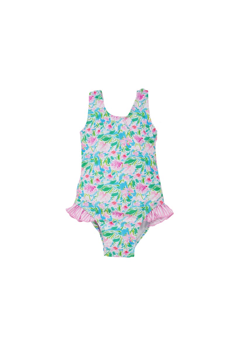 Girls Sun Protective UPF 50+ Delaney Hip Ruffle Swimsuit, Main, color, Lotus & Lillies