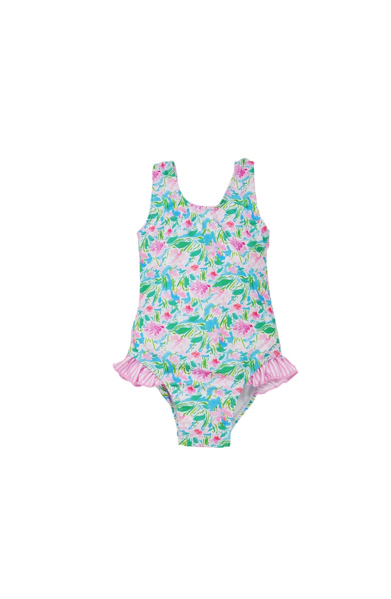 Flap Happy Girls Sun Protective UPF 50+ Delaney Hip Ruffle Swimsuit, Main, color, Lotus & Lillies