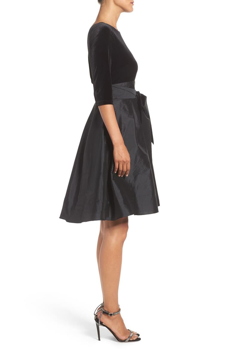 Velvet & Taffeta Fit & Flare Dress, Alternate, color, BLACK