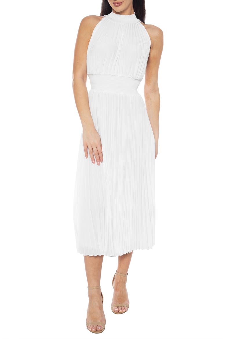 Mock Neck Smocked Waist Midi Dress, Main, color, WHITE