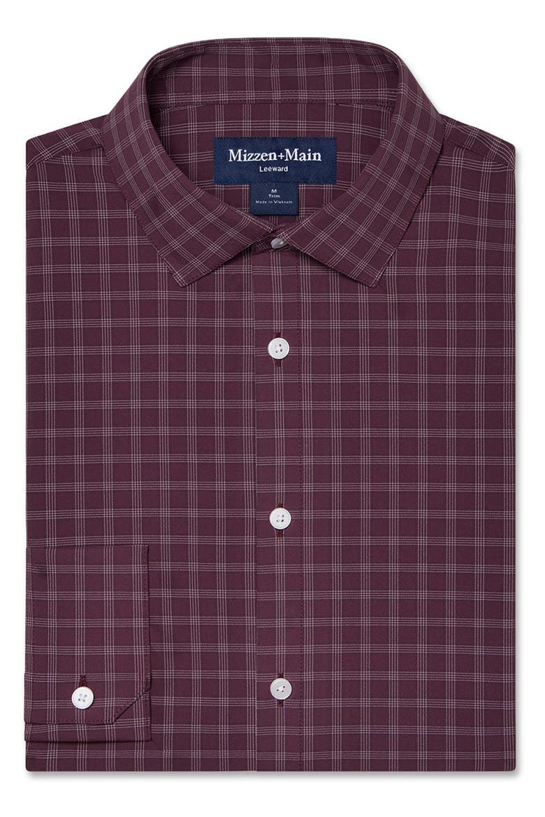 Leeward Trim Fit Plaid Performance Button-Up Shirt, Alternate, color, MERLOT COLE PLAID