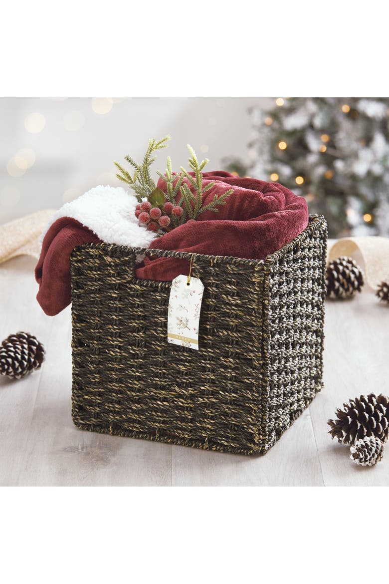 Seagrass Woven Cube Bin Basket Organizer, Handles, 4 Pack, Alternate, color, Black Wash