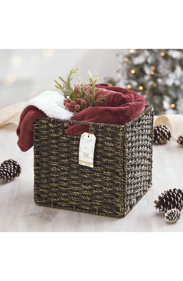 mDesign Seagrass Woven Cube Bin Basket Organizer, Handles, 6 Pack, Alternate, color, Black Wash