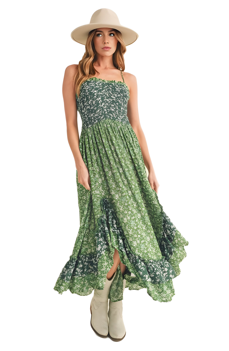 Knit and Lounge Floral Tiered Maxi Dress with Spaghetti Straps, Main, color, Green Floral