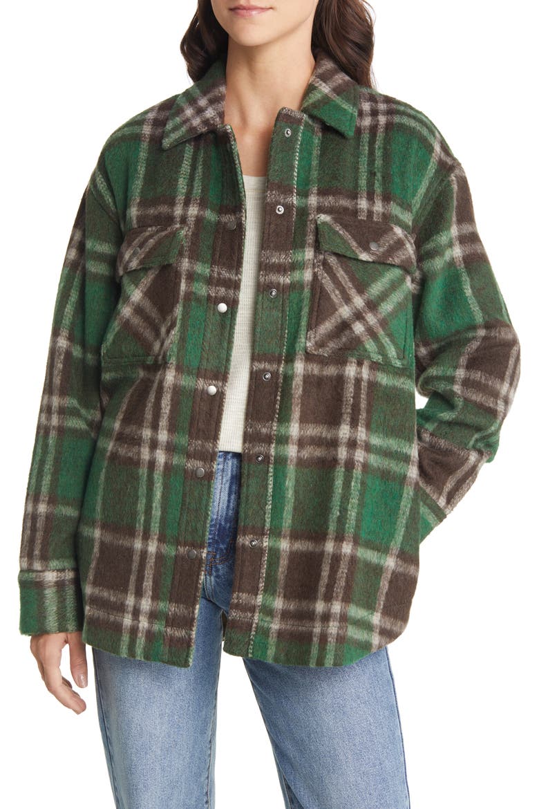 Flannel Shirt Jacket, Main, color, BROWN- GREEN BRUSHED PLAID