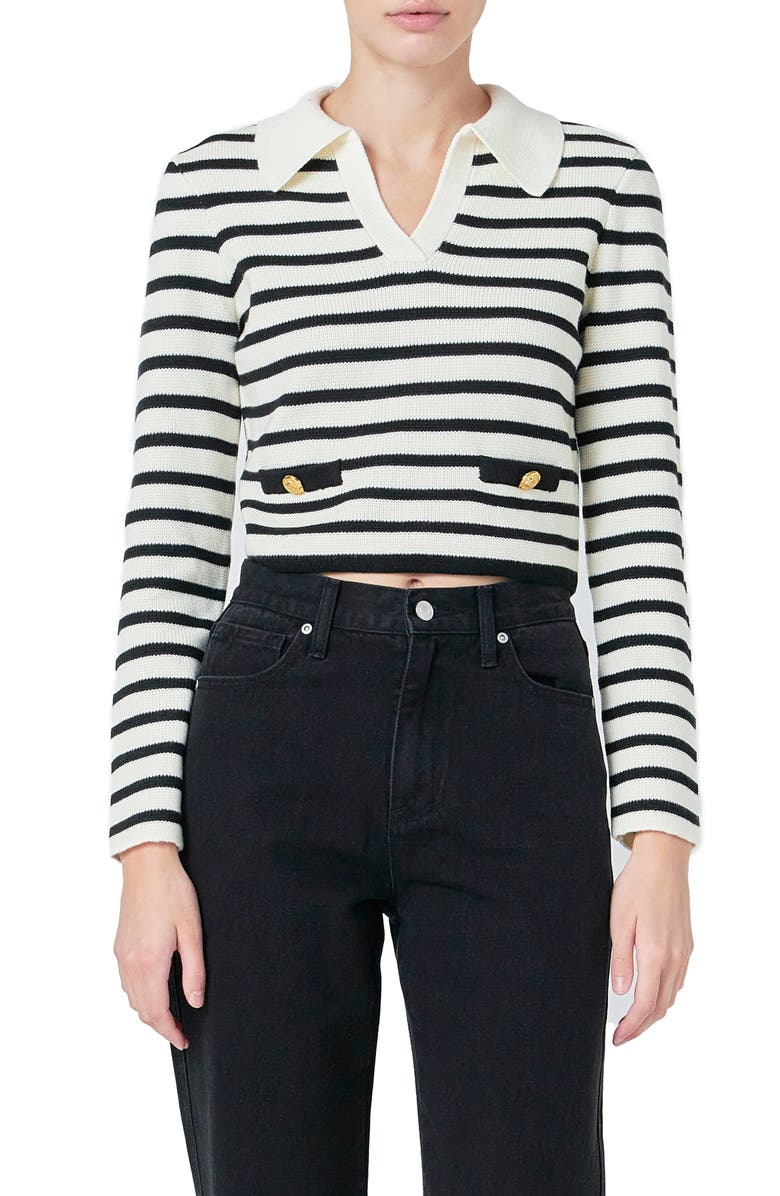 Endless Rose Stripe Collared Sweater, Alternate, color, Ivory/ Black