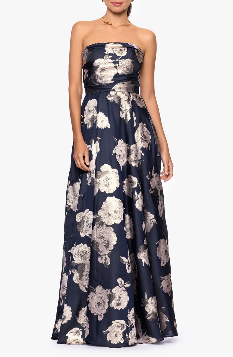 Betsy & Adam Jacquard Burnout Strapless Gown, Main, color, Navy/ Blush