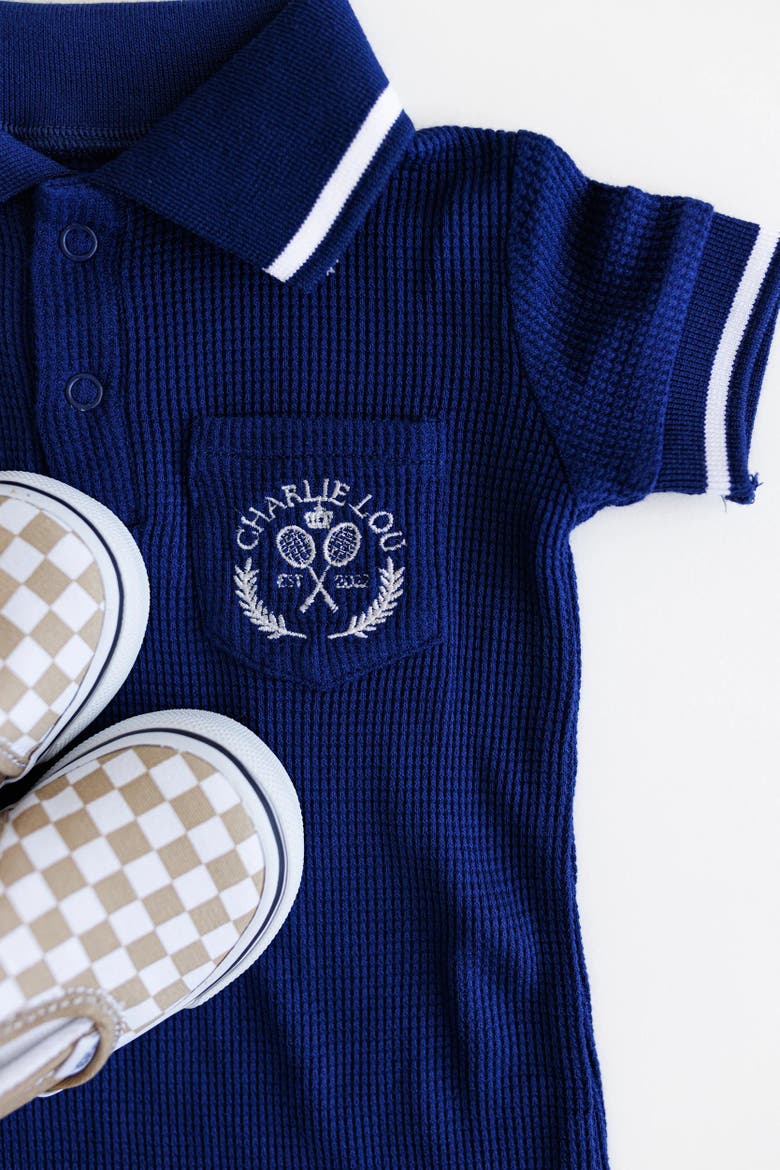 Waffle Polo Romper, Alternate, color, Navy Blue