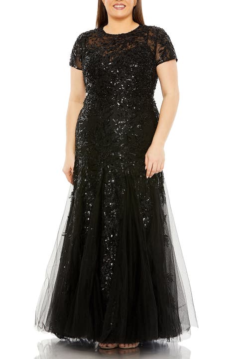 Hand Embellished Mesh Overlay Short Sleeve Applique Gown