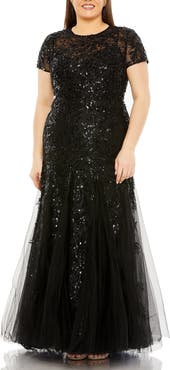 Mac Duggal Hand Embellished Mesh Overlay Short Sleeve Applique Gown