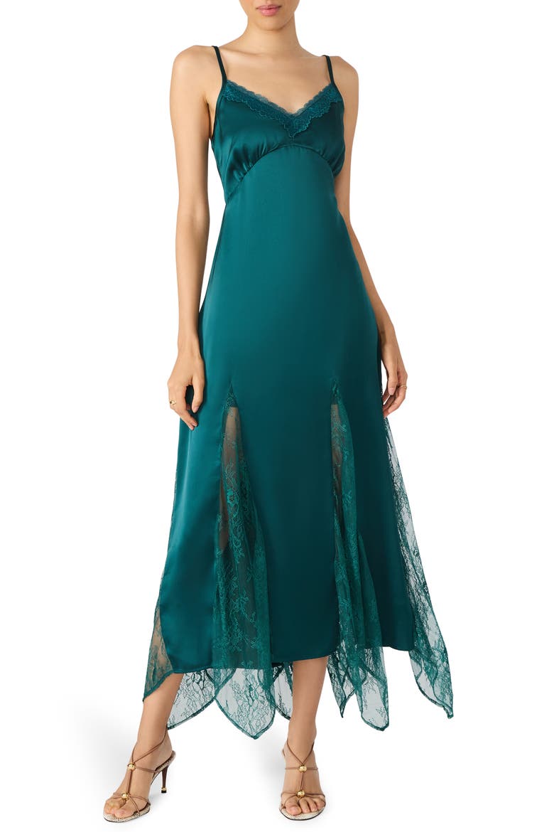 Delia Lace Trim Handkerchief Hem Satin Slipdress, Main, color, MIDNIGHT TEAL