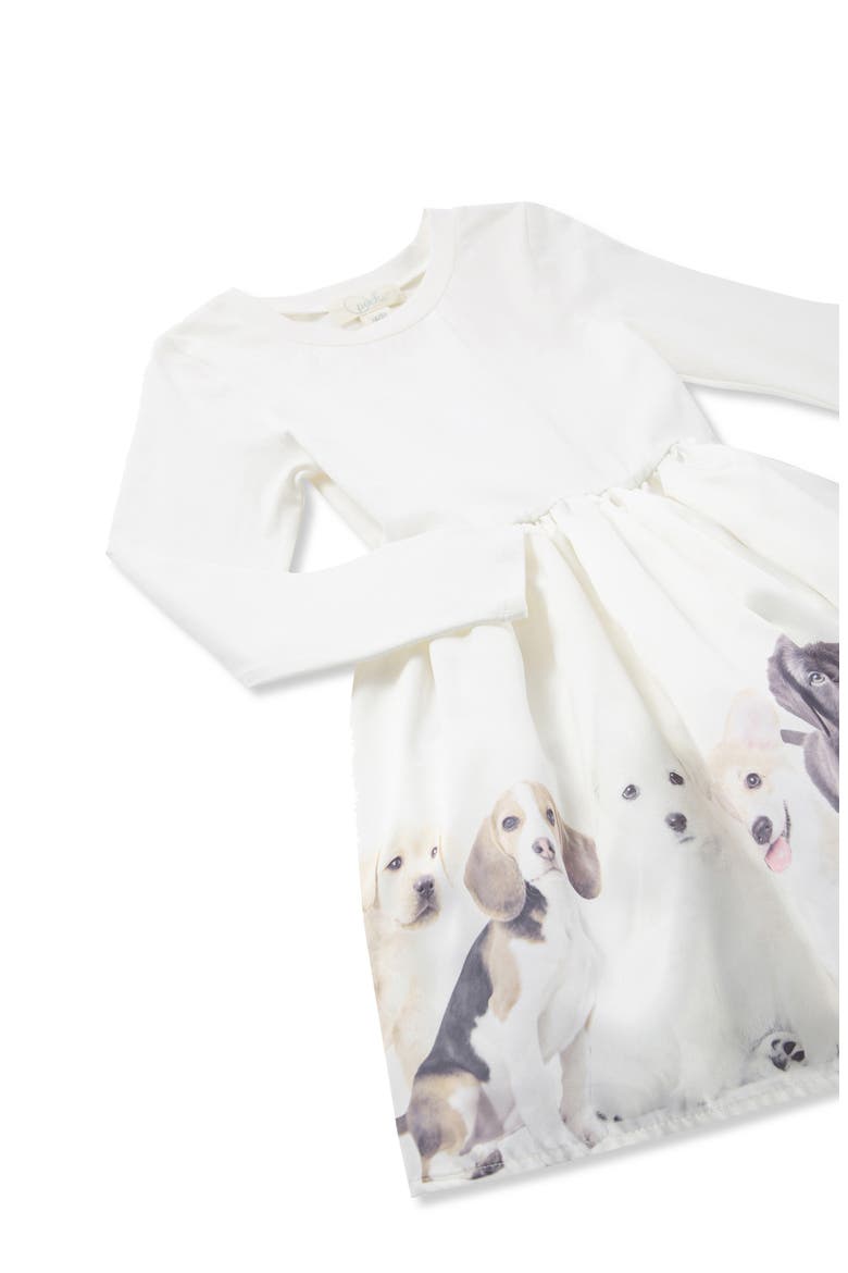 Kids' Puppy Row Long Sleeve Stretch Cotton Dress, Alternate, color, OFF-WHITE