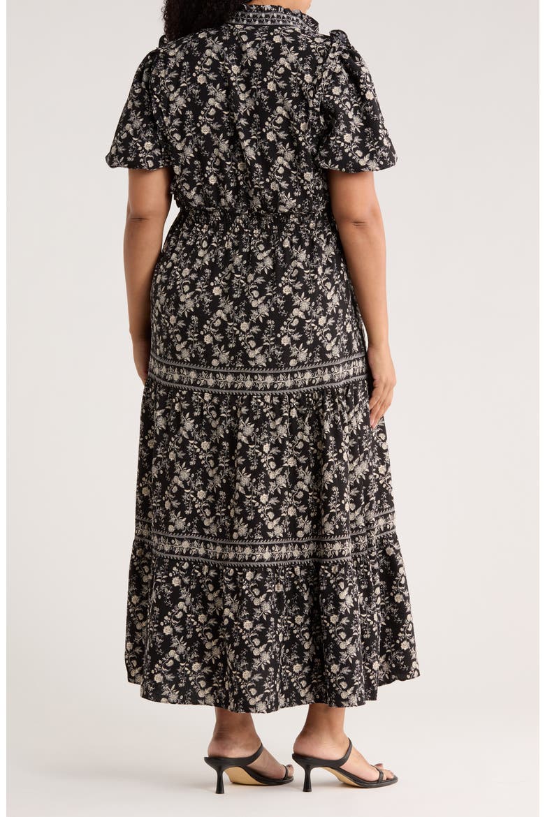 Bubble Sleeve Tiered Maxi Dress, Alternate, color, BLACK/ IVORY FLORAL