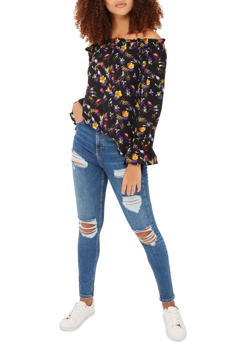 Floral Tie Sleeve Off-the-Shoulder Top, Main, color, BLACK MULTI