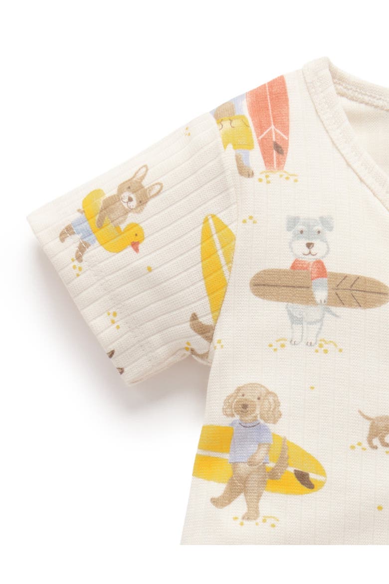 Rib Zip Short Sleeve Romper, Alternate, color, Little Surfing Dogs Print