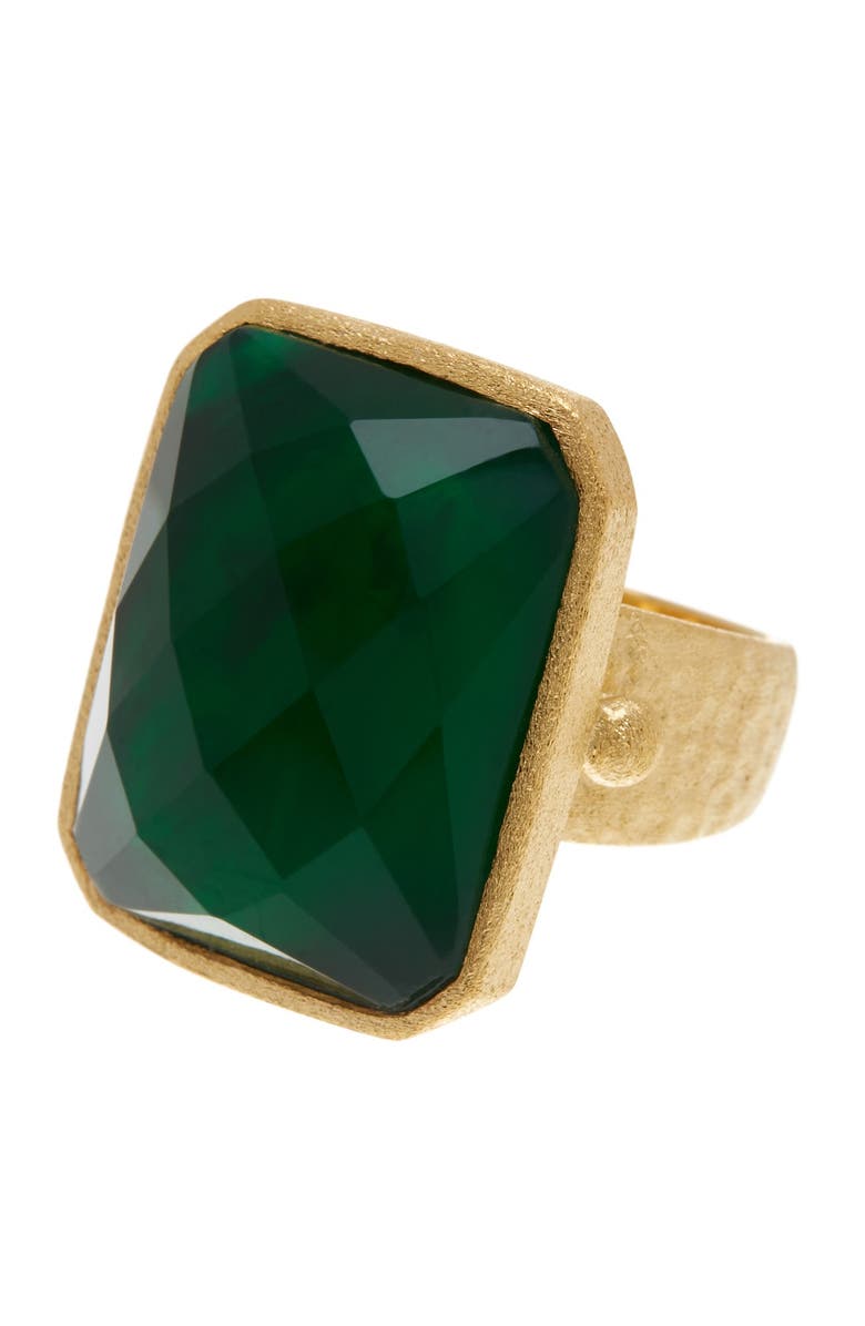RIVKA FRIEDMAN 18K Gold Clad Faceted Emerald Crystal Doublet Rectangle Hammered Satin Ring, Main, color,