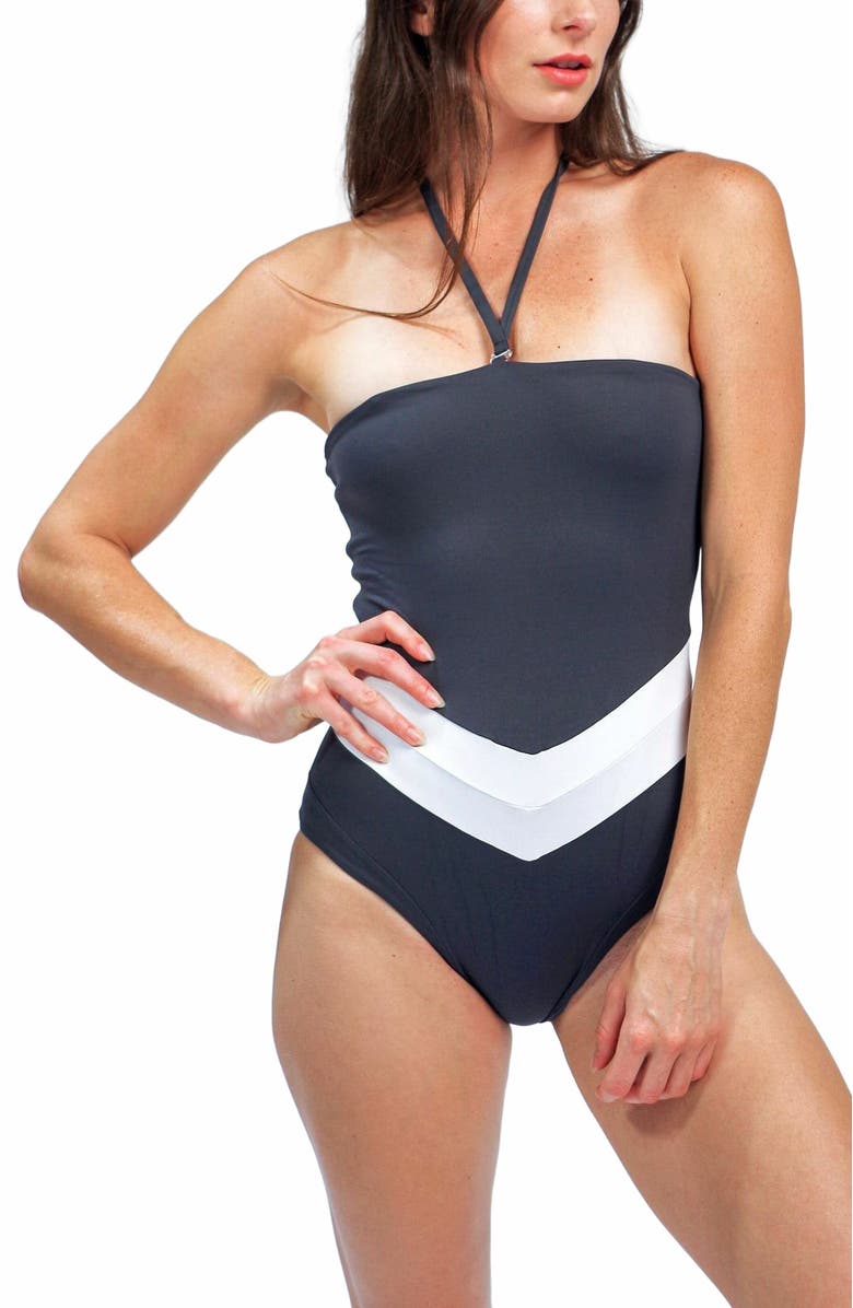 Mary Mercedes Vee Convertible One Piece Swimsuit, Alternate, color, Charcoal Grey