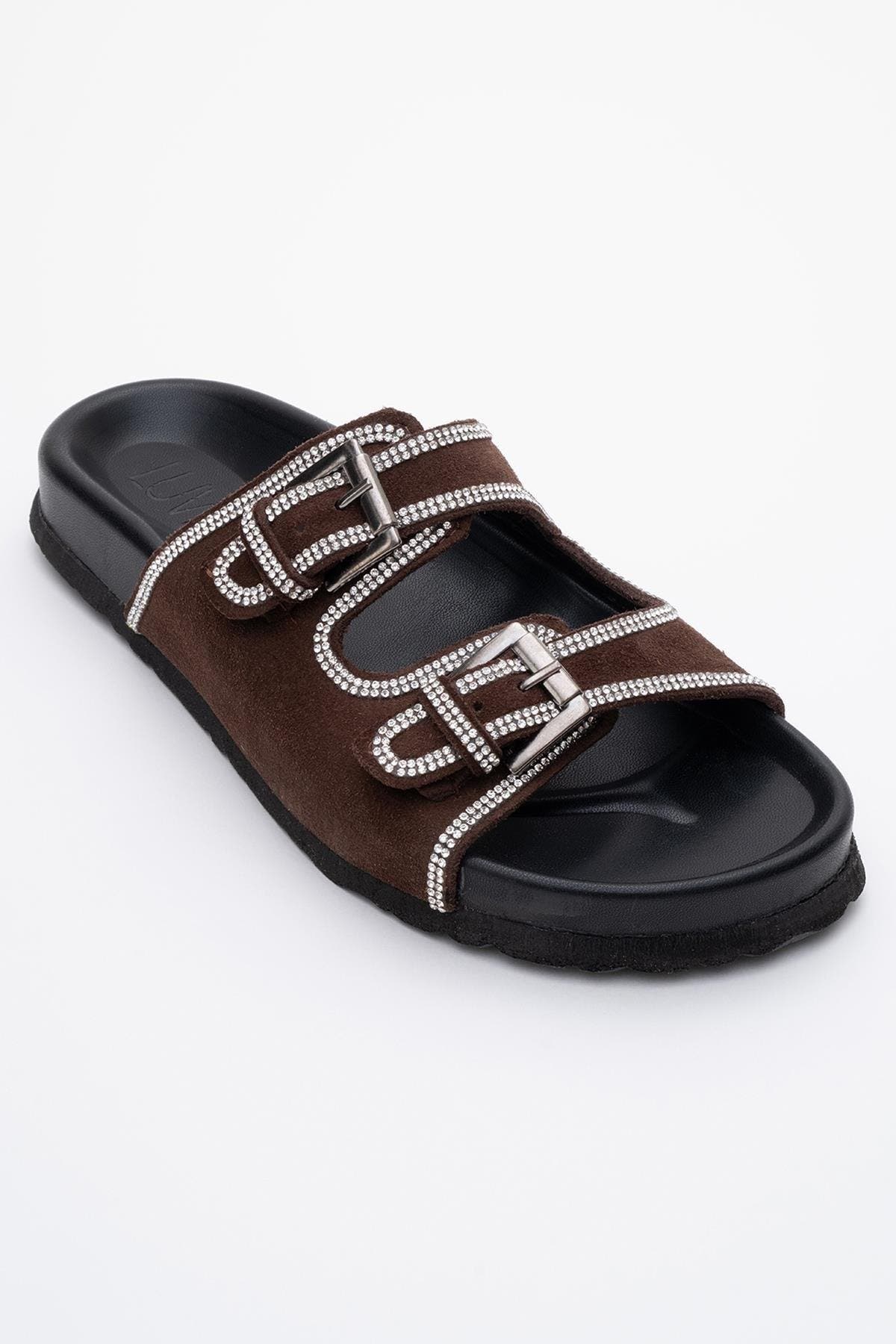 Allen Rhinestone Leather Slide Sandal, Alternate, color, Brown Suede Leather