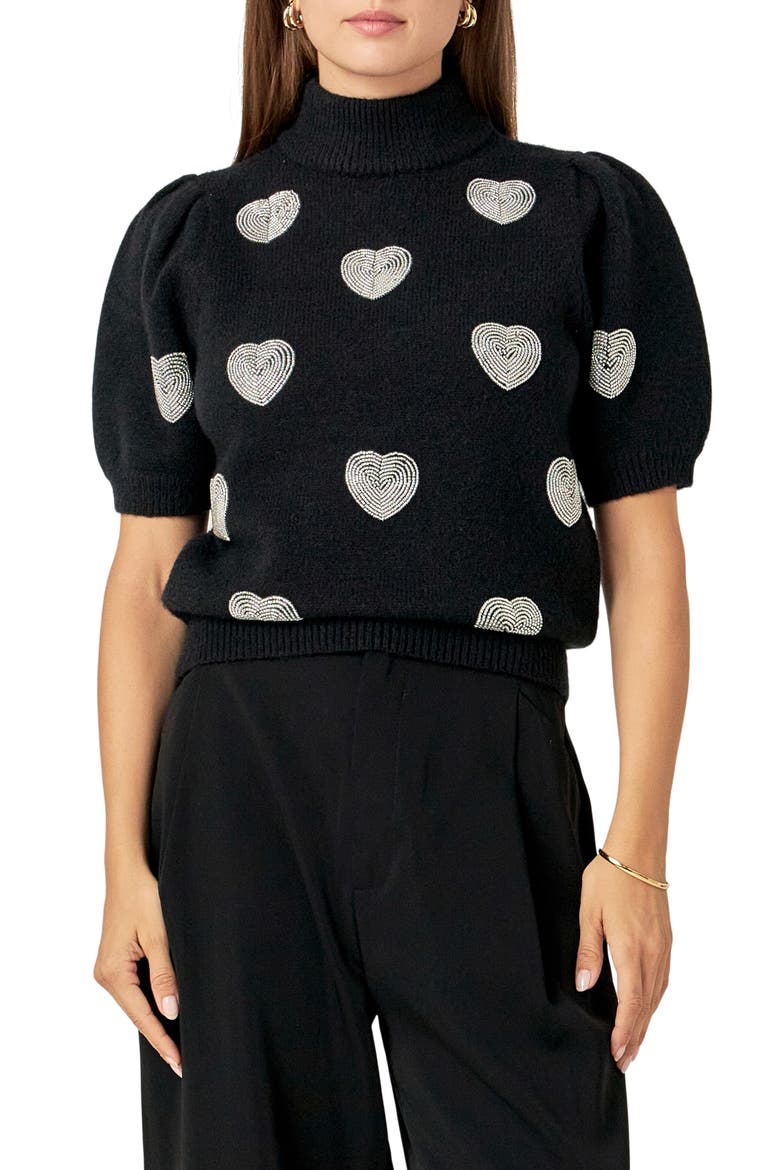 Heart Embellished Puff Sleeve Sweater, Alternate, color, BLACK