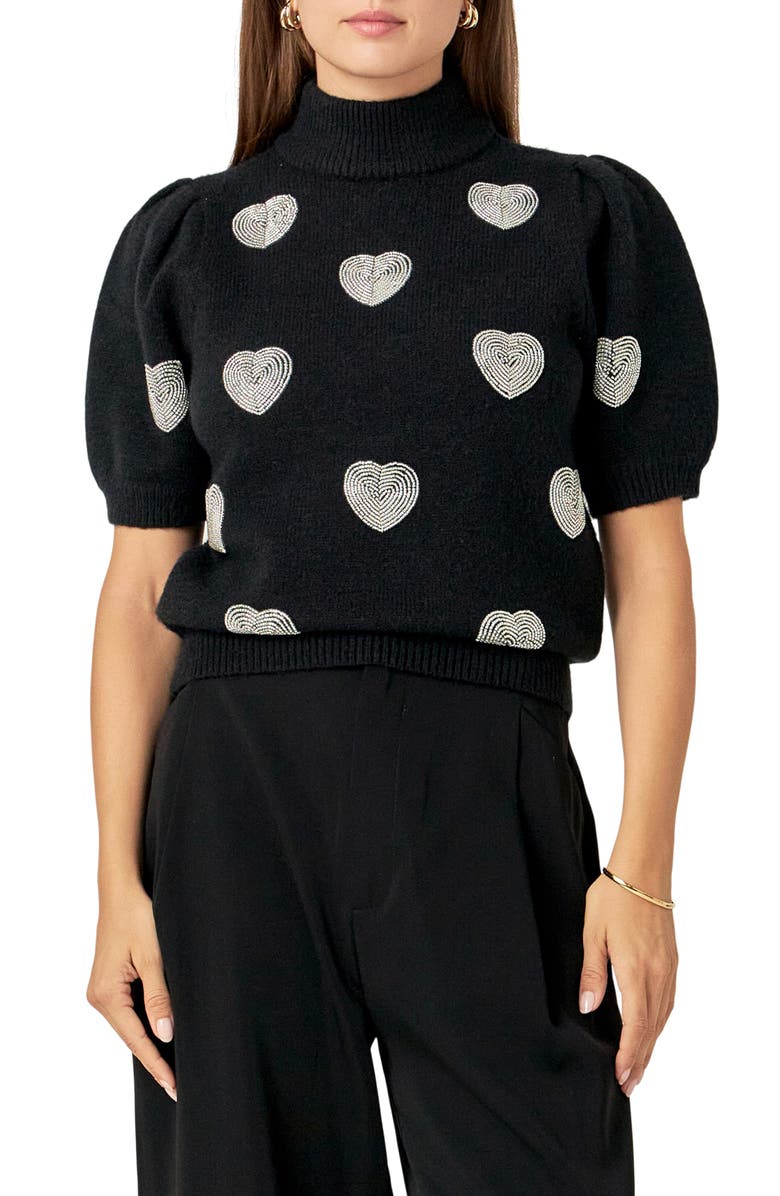 English Factory Heart Embellished Puff Sleeve Sweater, Alternate, color, Black