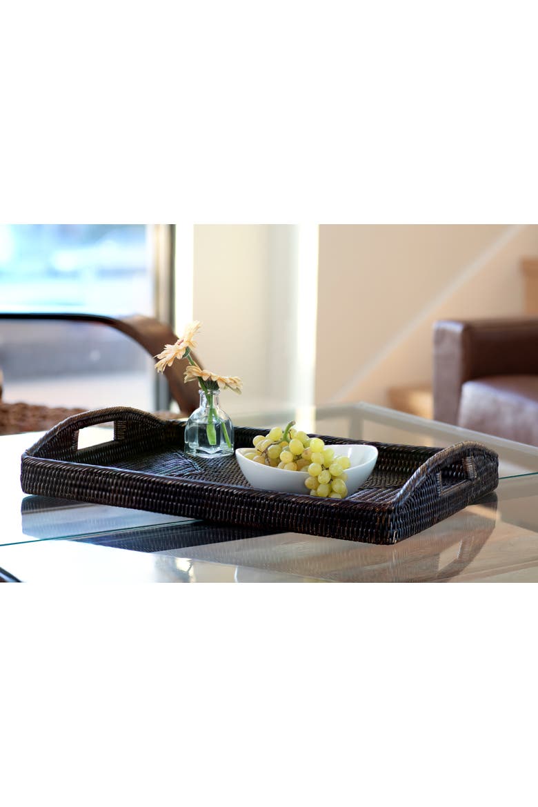 Rectangular Rattan Serving Tray with High Handles, Alternate, color, Tudor Black