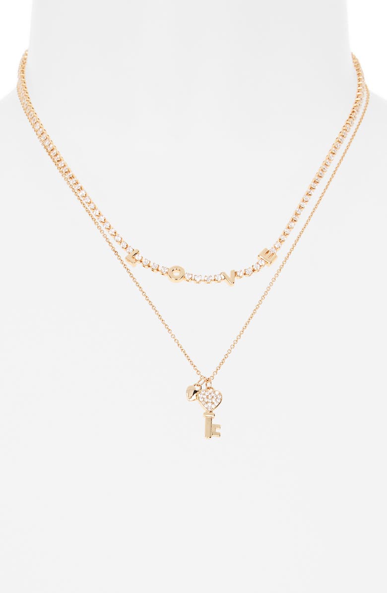 Leith Set of 2 'Love' & Key Cubic Zirconia Pendant Necklace, Alternate, color, Clear- Gold