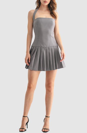 Lush Pleated Drop Waist Halter Minidress In Gray