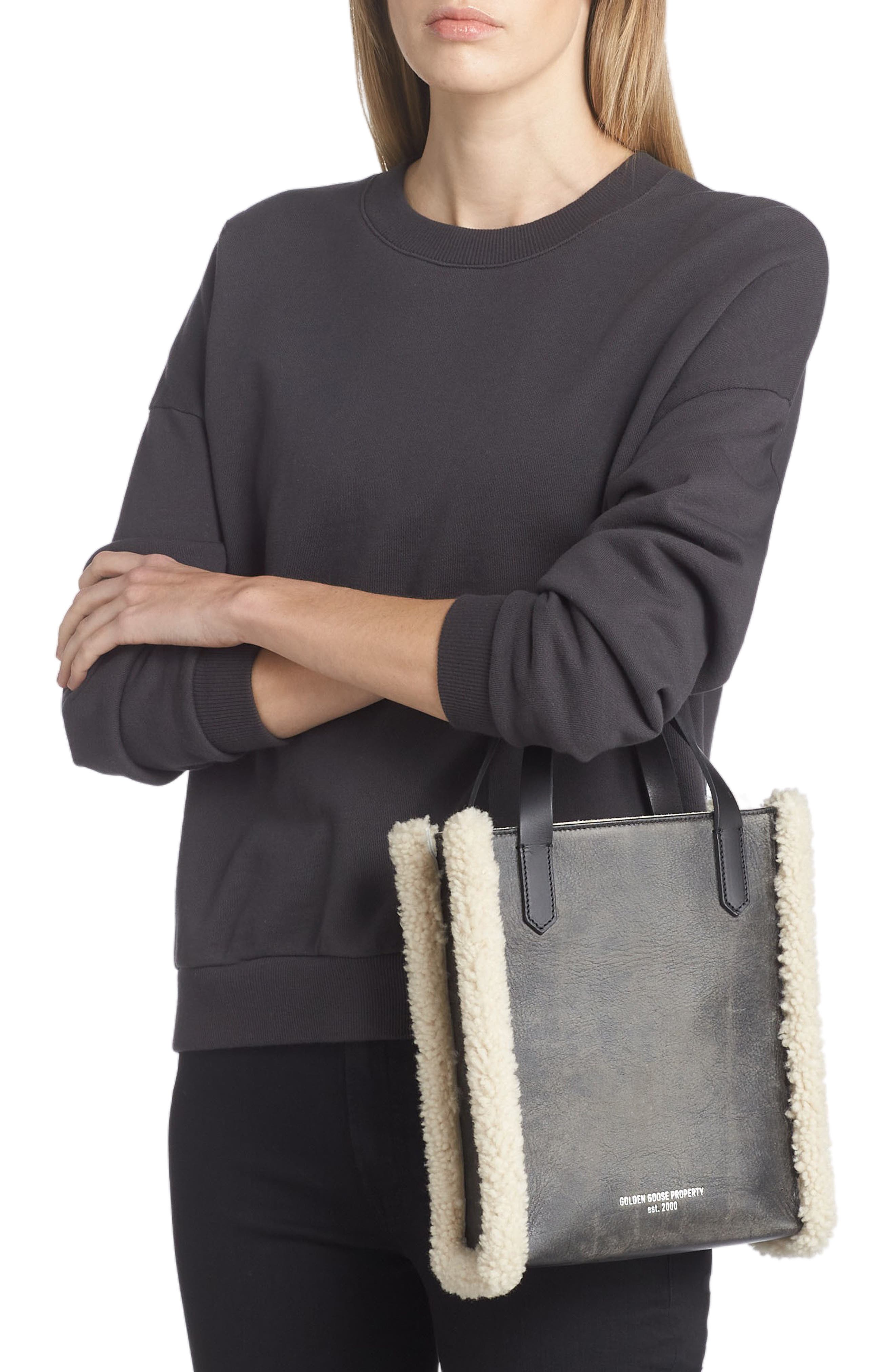 Golden Goose Mini California North/South Leather & Genuine Shearling Tote, Alternate, color, 