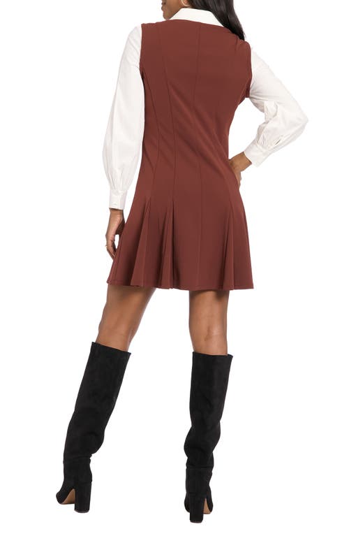 London Times Long Sleeve Twofer Scuba Fit & Flare Dress In Brown