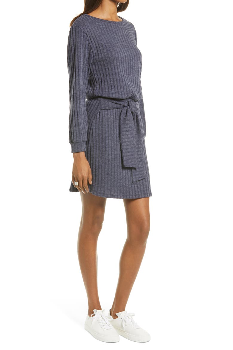 Tie Front Long Sleeve Dress, Alternate, color, HEATHER NAVY