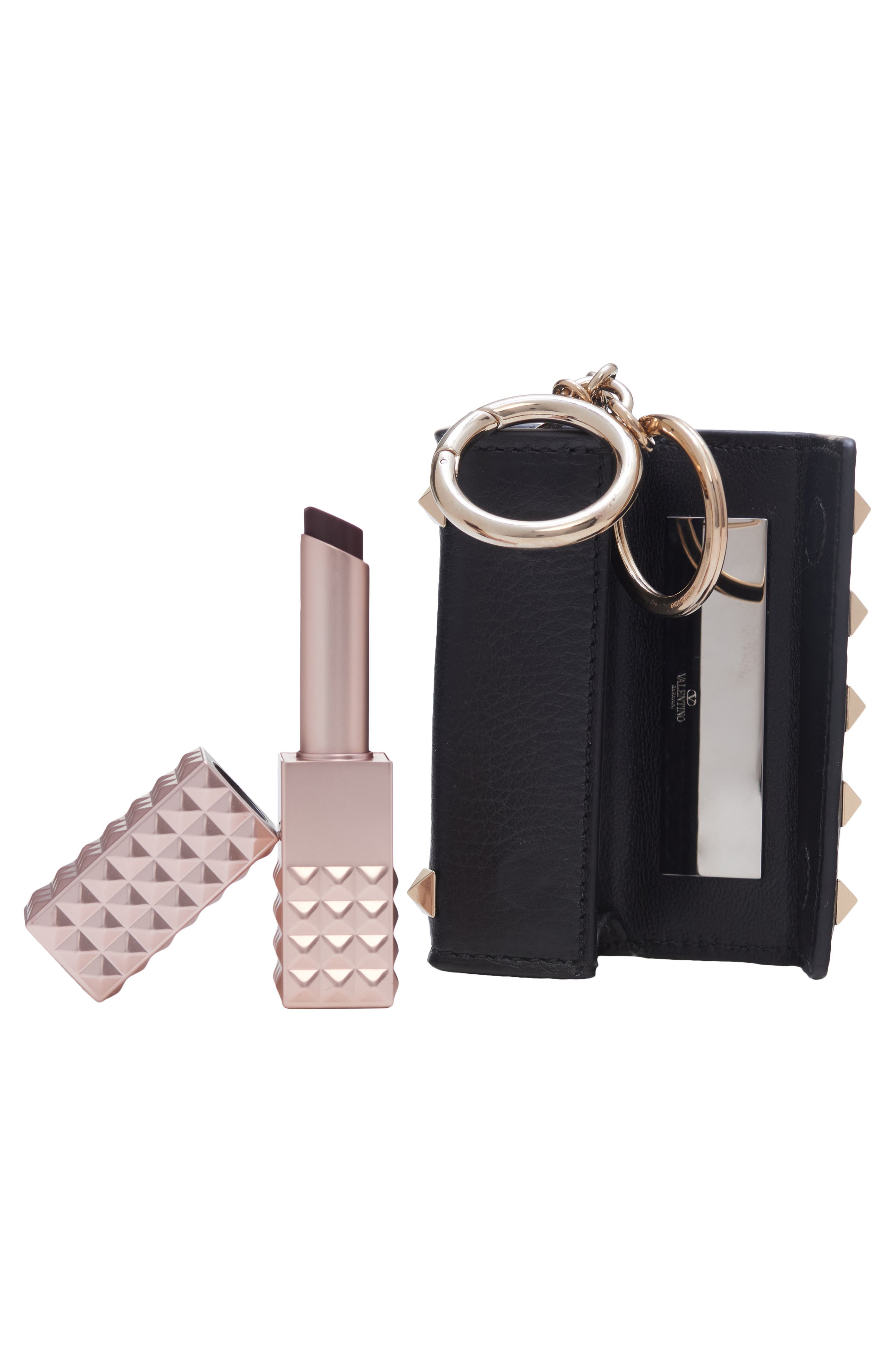 Rockstud Leather Lipstick Keychain, Alternate, color, BLACK