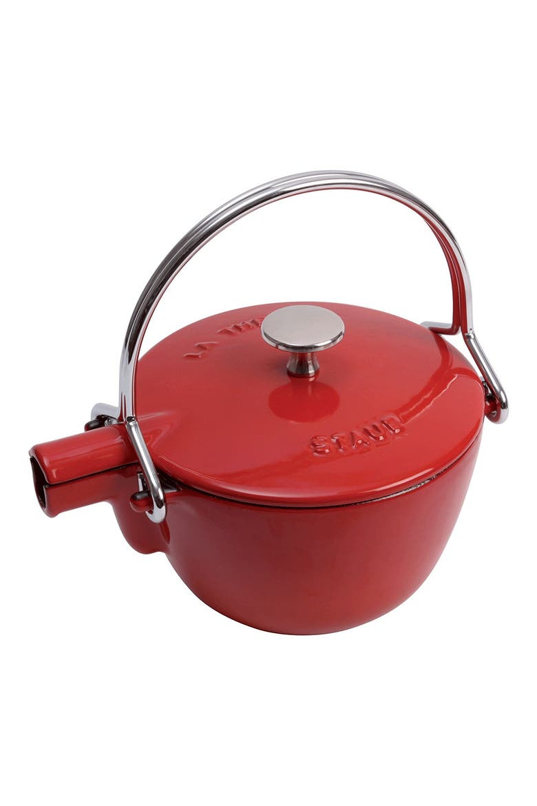 1-Quart Enameled Cast Iron Tea Kettle, Main, color, CHERRY