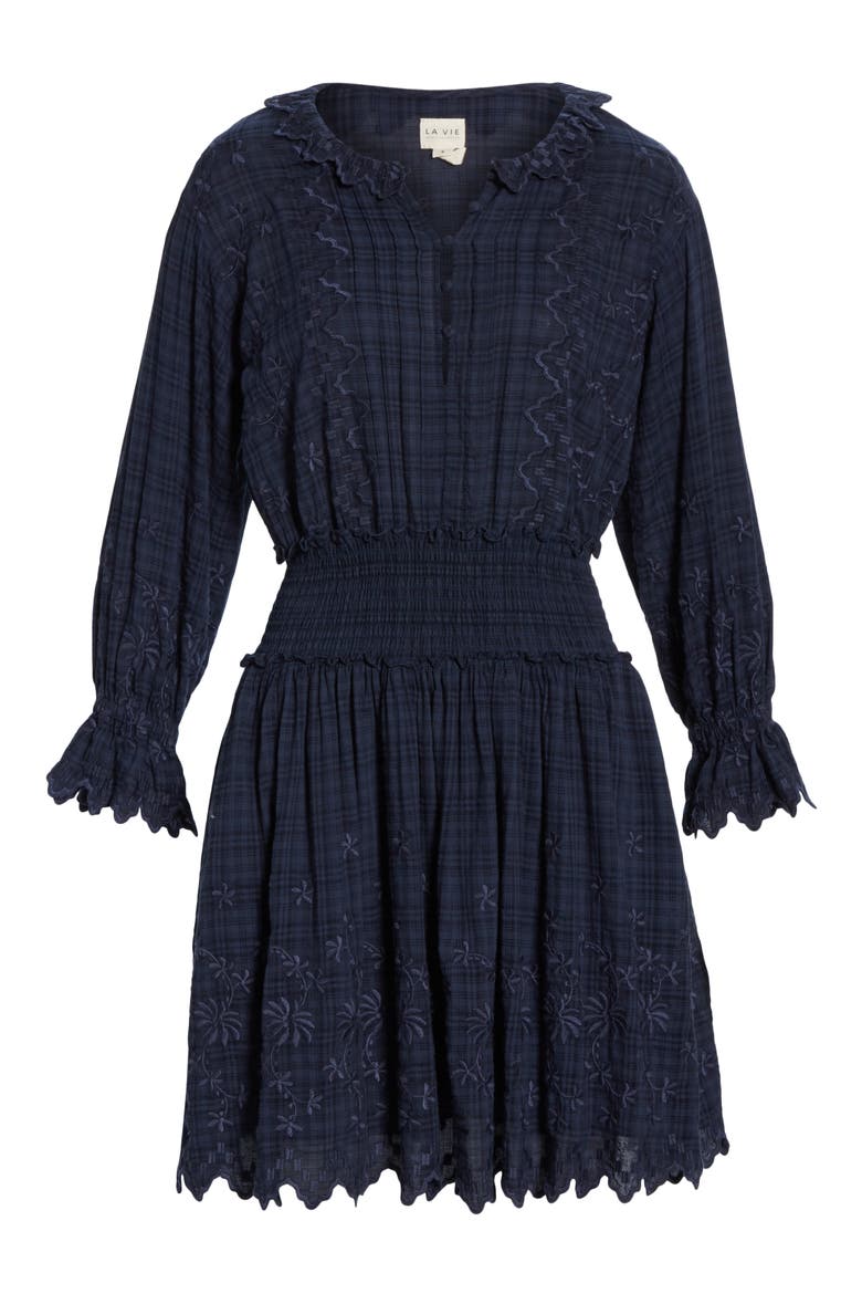 Embroidered Check Print Dress, Alternate, color, MIDNIGHT NAVY