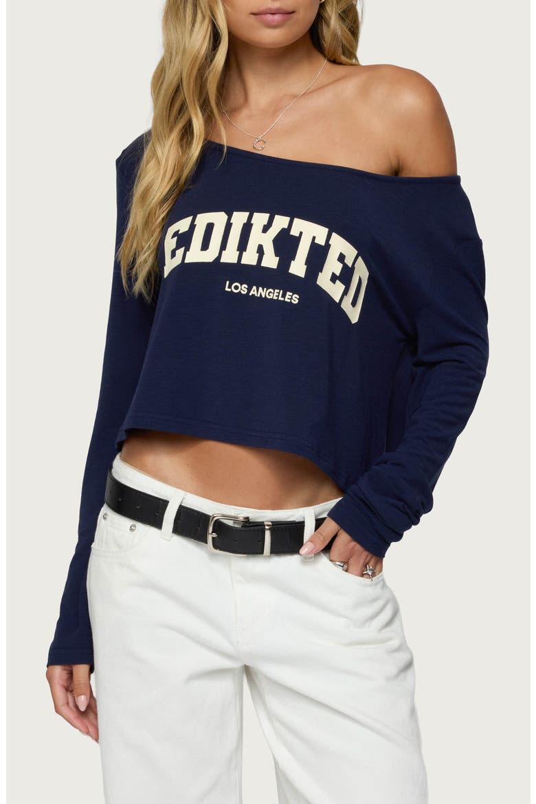 LA Babe Off the Shoulder Crop Graphic T-Shirt, Main, color, NAVY-AND-CREAM