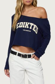 EDIKTED LA Babe Off the Shoulder Crop Graphic T-Shirt