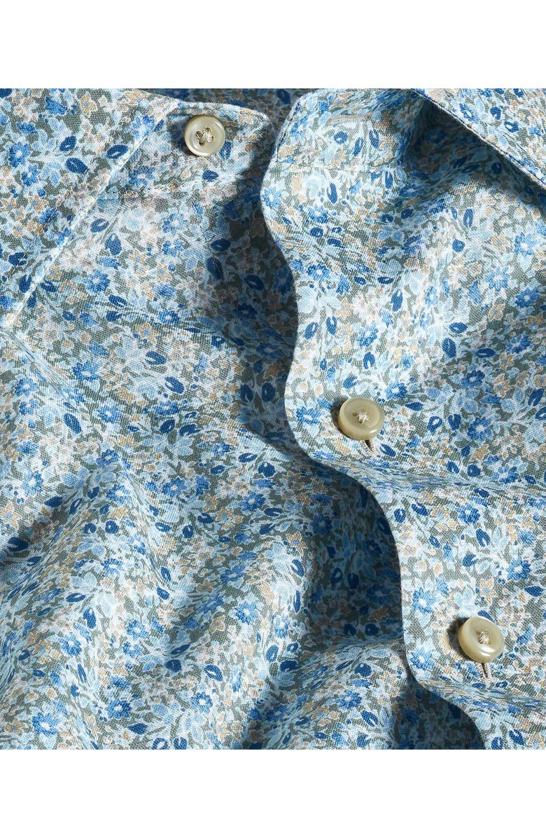 David Donahue Floral Short Sleeve Linen & Cotton Button-Up Shirt, Alternate, color, Sage/ Multi