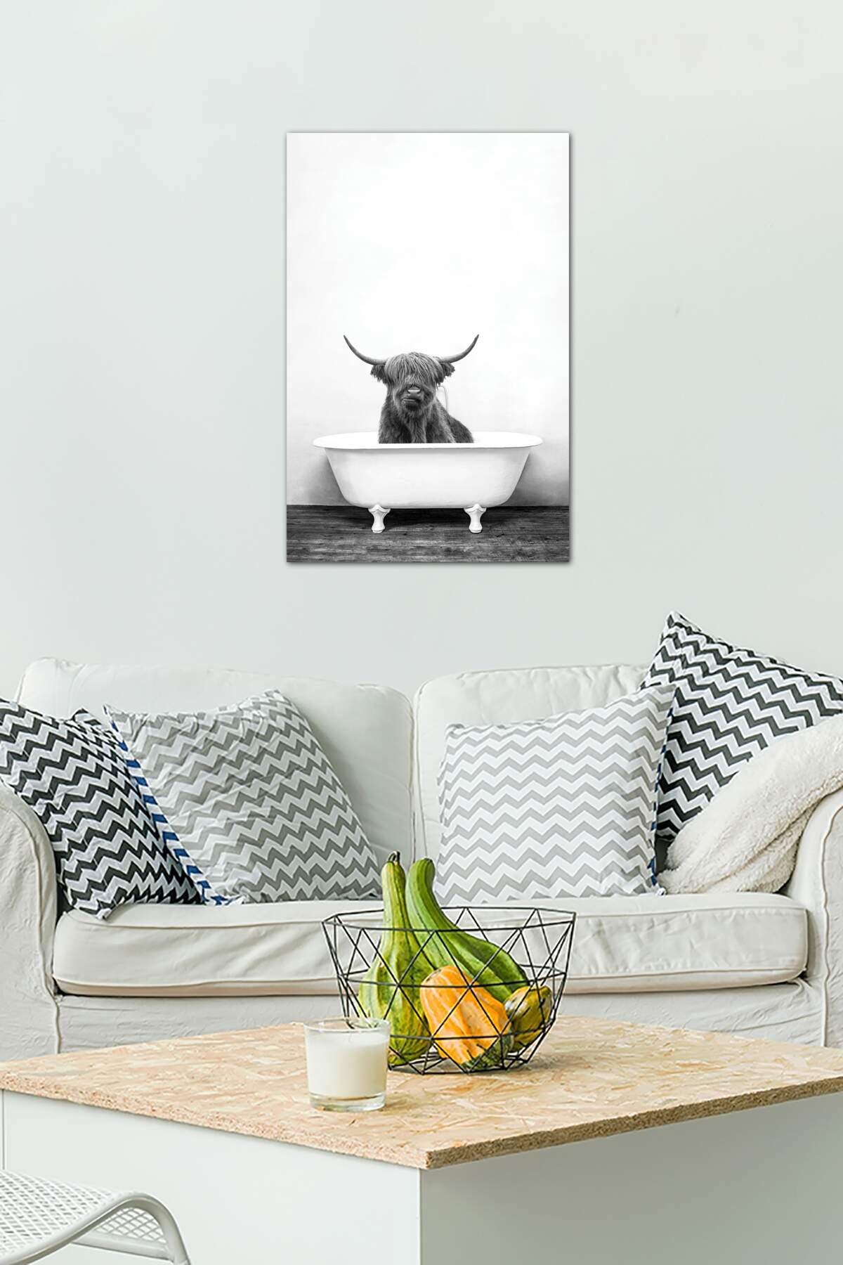 iCanvas Highland Cow In Bathtub Black And White by Amy Peterson Canvas ...
