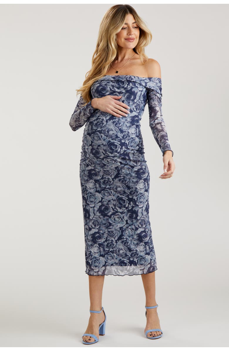 PinkBlush Floral Off Shoulder Mesh Knit Midi Dress, Alternate, color, Navy Blue