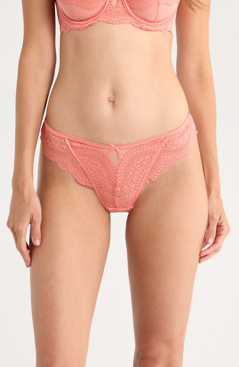 Hunkemöller Robijin Embroidered Mesh Thong, Main, color, Lantana