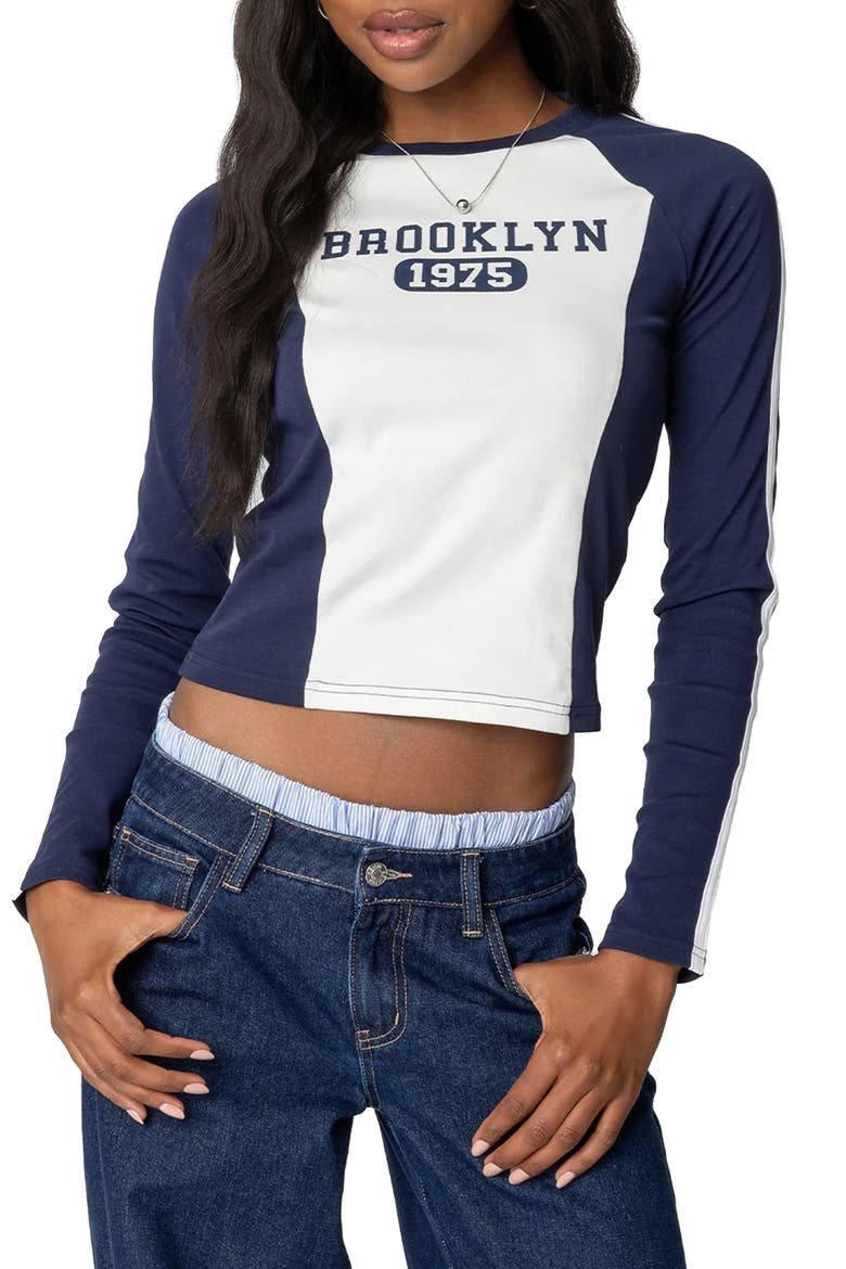Brooklyn Graphic Long Sleeve Stretch Cotton T-Shirt, Main, color, NAVY