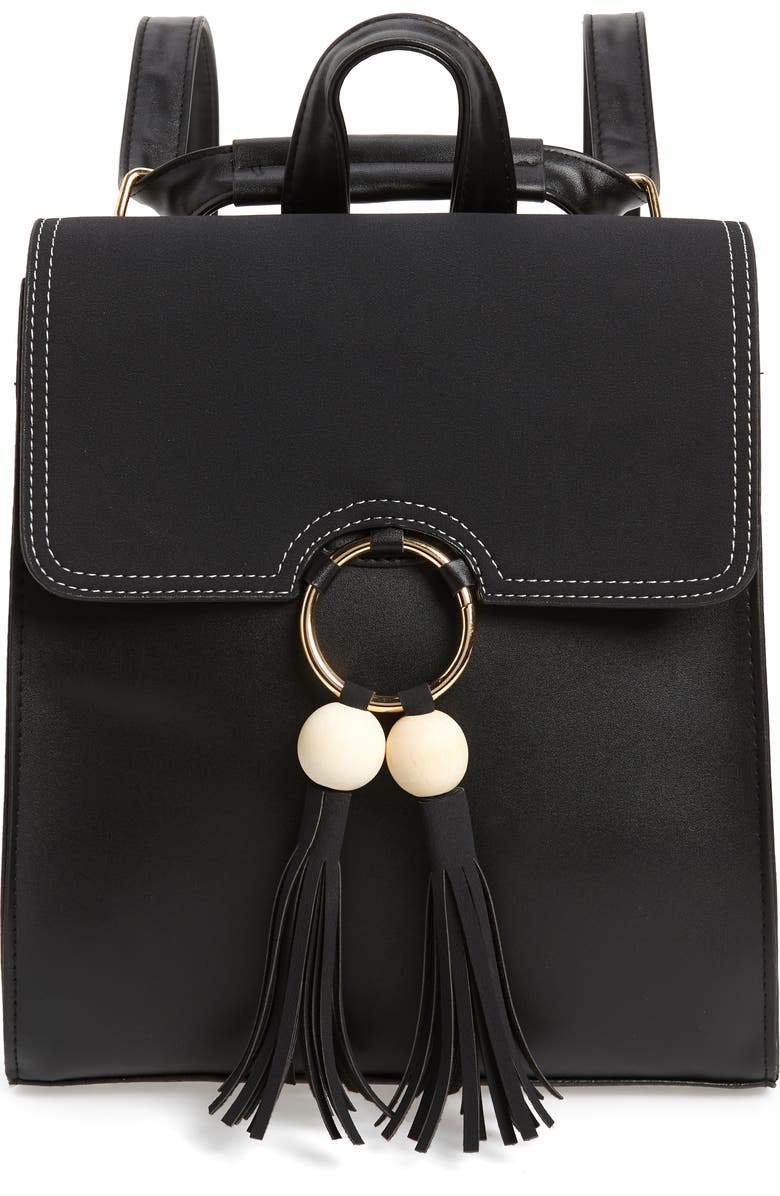 Knotty Beaded Tassel Faux Leather Backpack, Main, color,