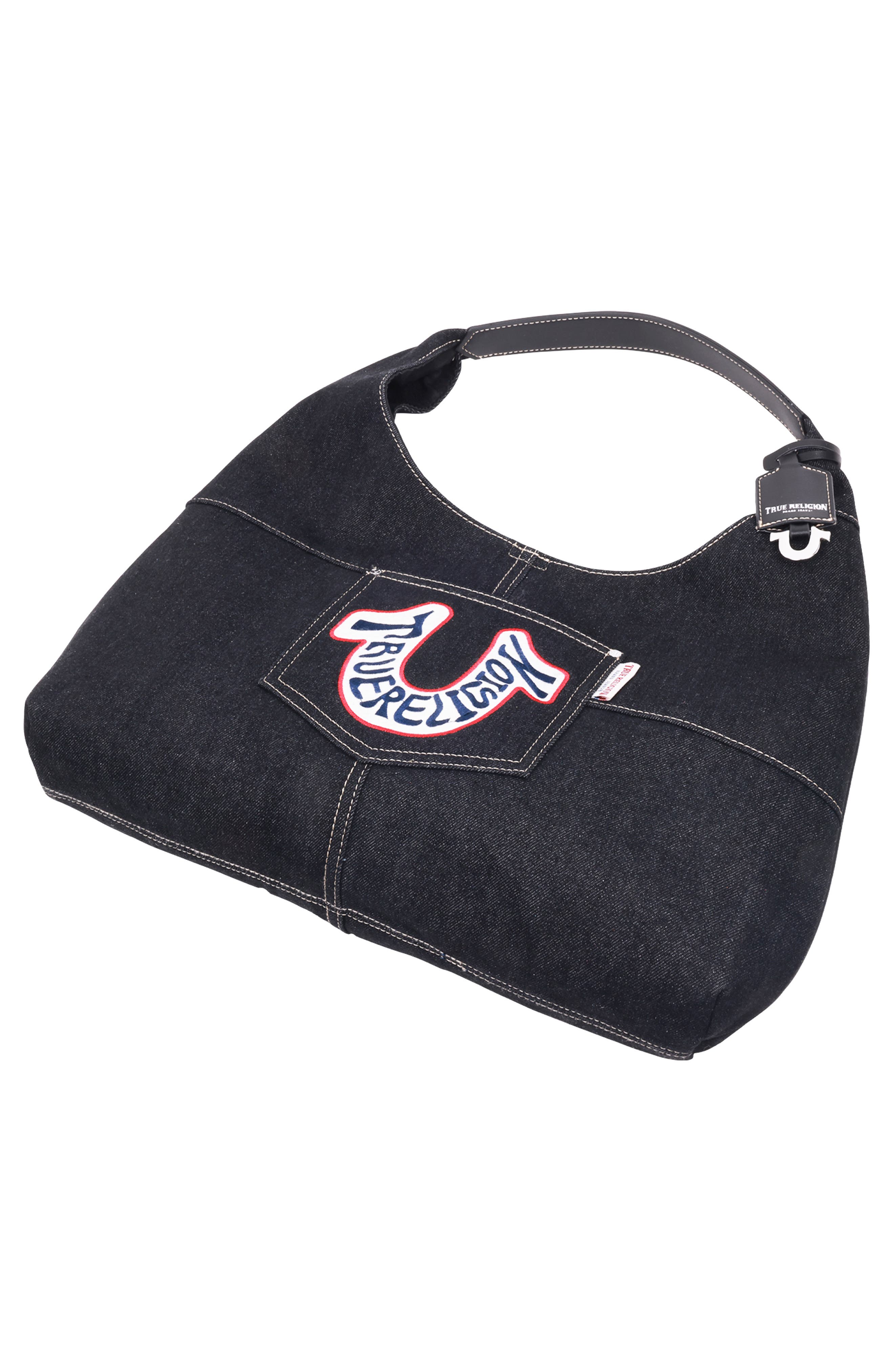 True Religion Retro Logo Denim Hobo Bag, Alternate, color, Black