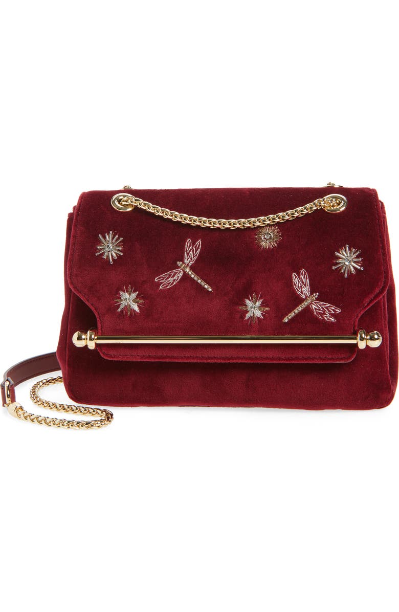 Strathberry x Cinq à Sept Mini East/West Embroidered Velveteen Shoulder Bag, Main, color, Bordeaux