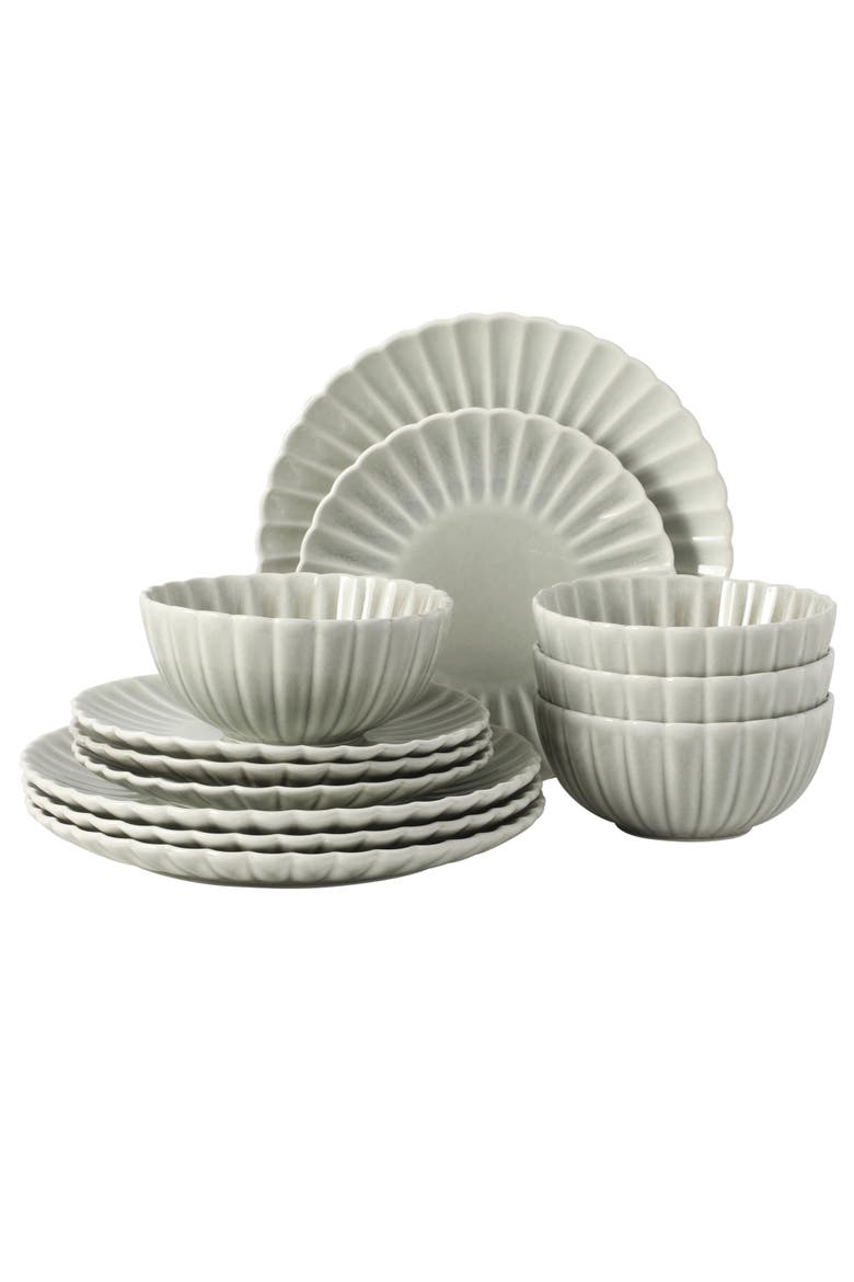 Peach Orchard 12 Piece New Bone China Dinnerware Set, Main, color, Grey
