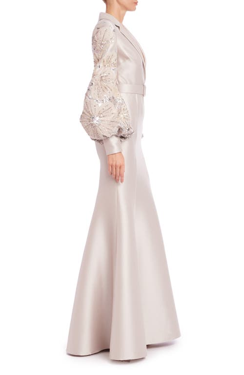 Badgley Mischka Collection Plunge Neck Beaded Long Sleeve Trumpet Gown In Champagne